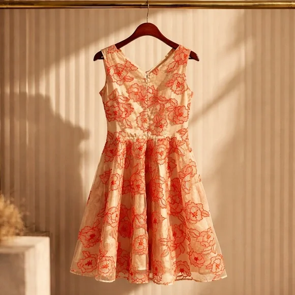 Tahari Ivory Dress with Coral Floral Lace - Picture 2 of 8